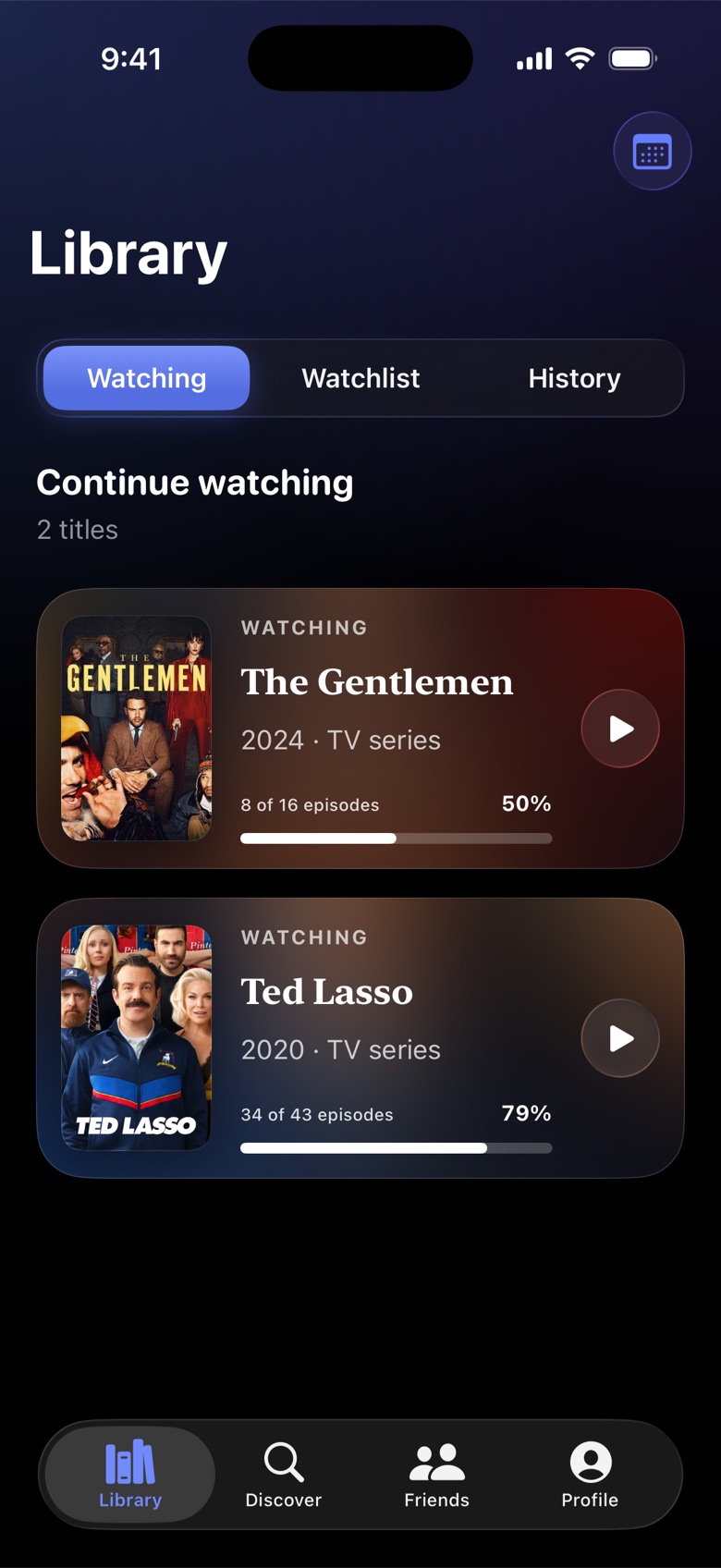 Library showing shows in progress with episode counts