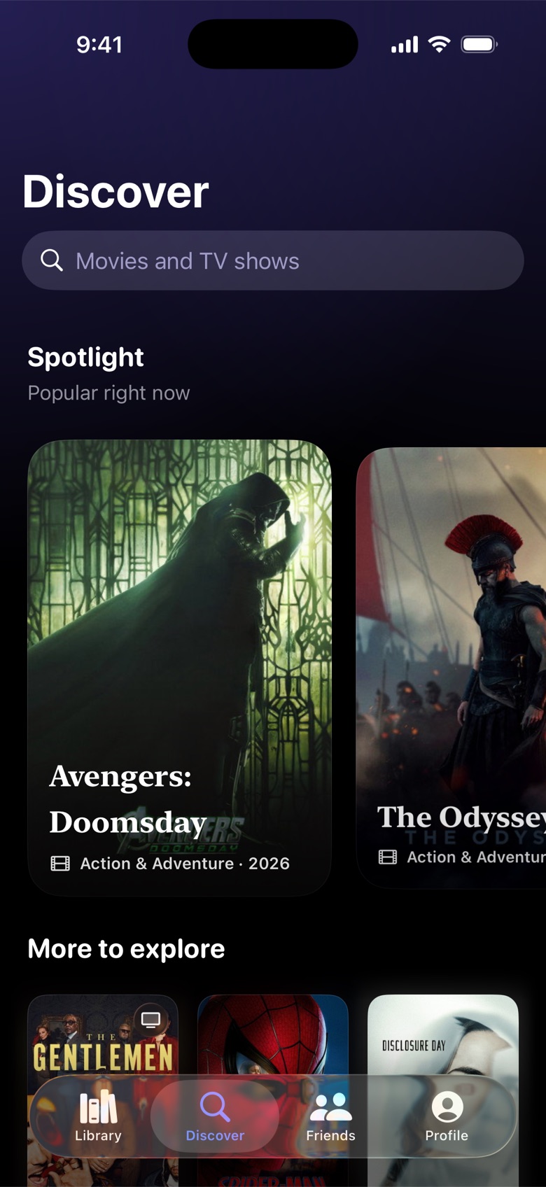 Discover tab with popular titles