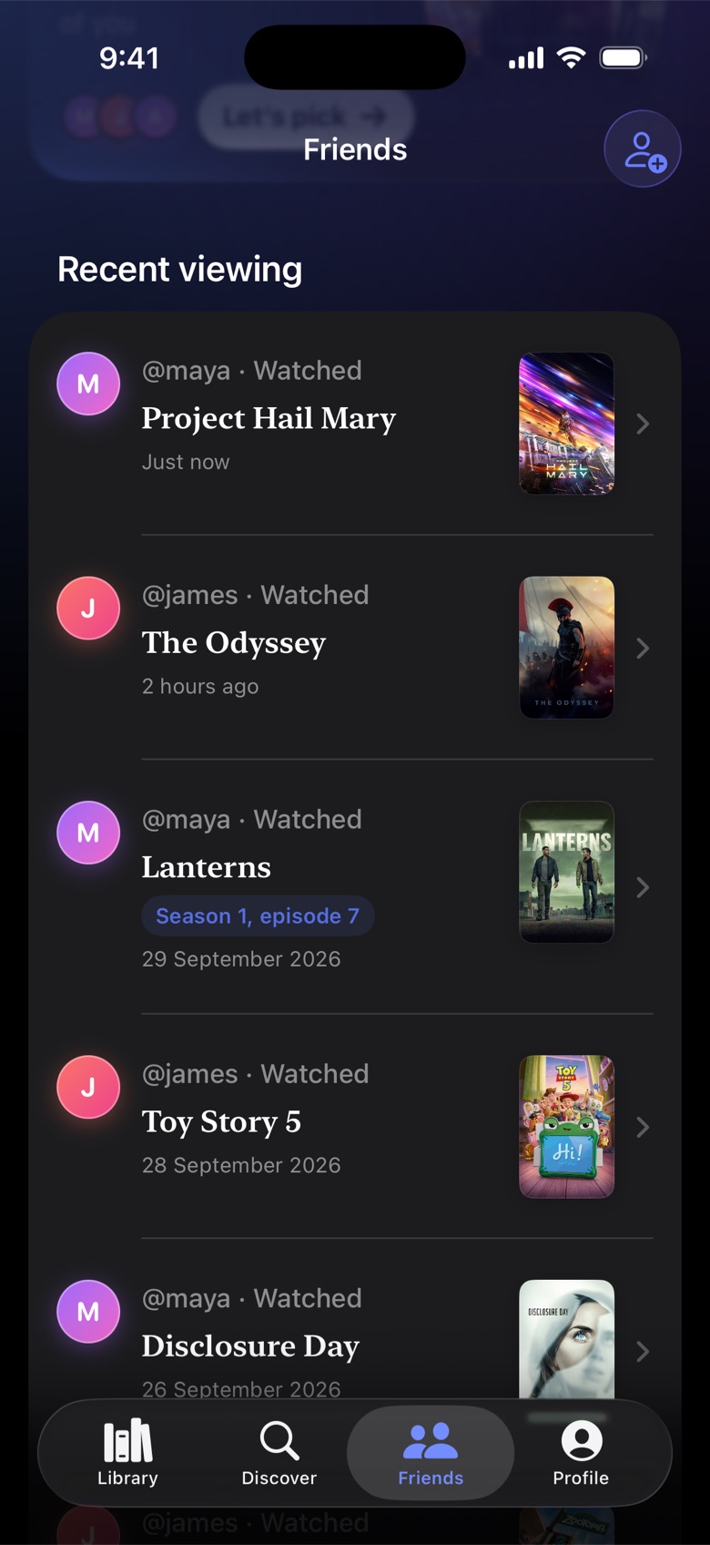 Friends tab showing recent viewing