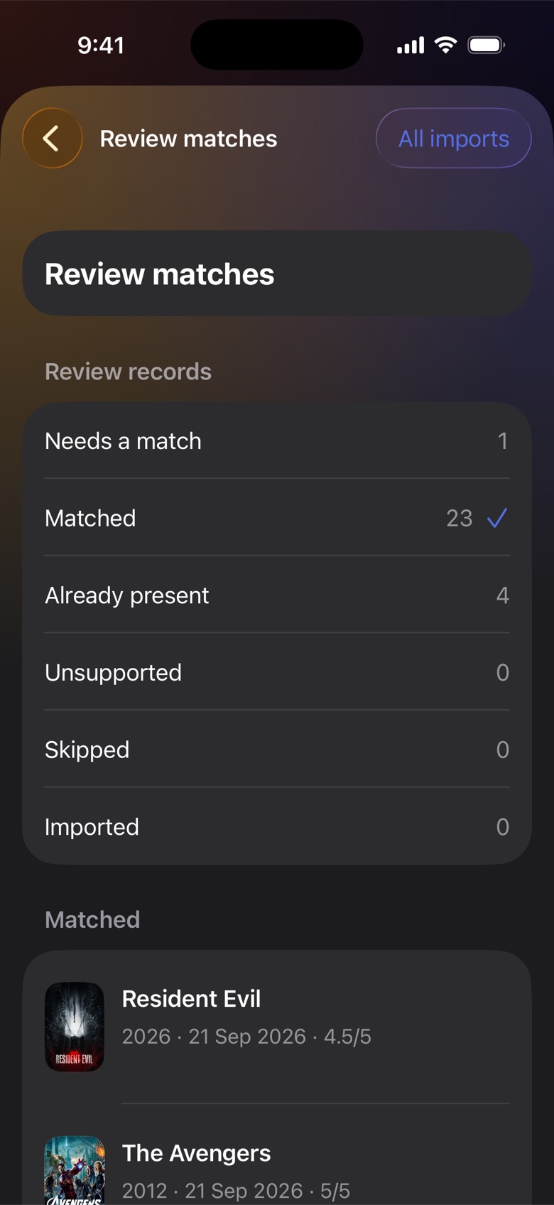 Review matched titles before importing